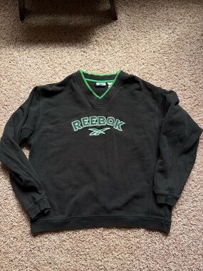 Reebok Men's Black V-Neck Sweater with Green Trim